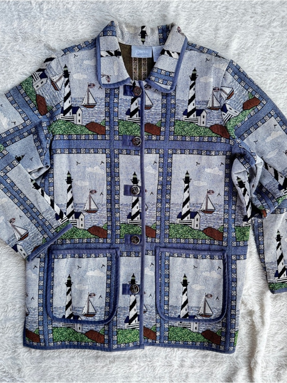 VTG Blair Lighthouse Woven Tapestry Jacket Coastal Grandma Nautical Chore Coat